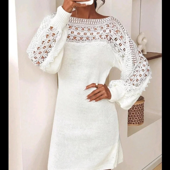 LadSolid Color Hollow-Out Elegant Lace Knit Sweater Dress - Picture 3 of 6